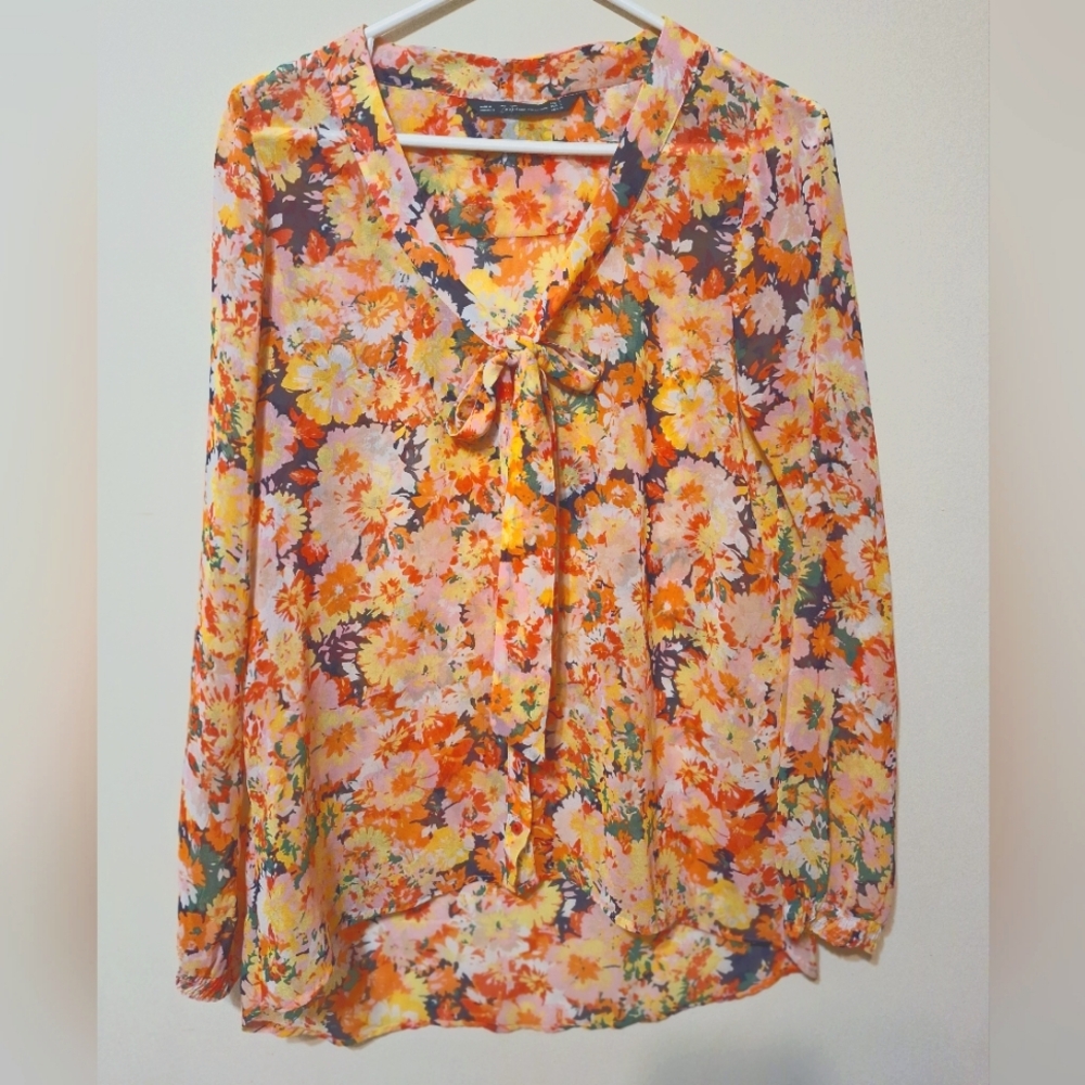 Zara Trafaluc Sheer Floral Blouse Long Sleeve